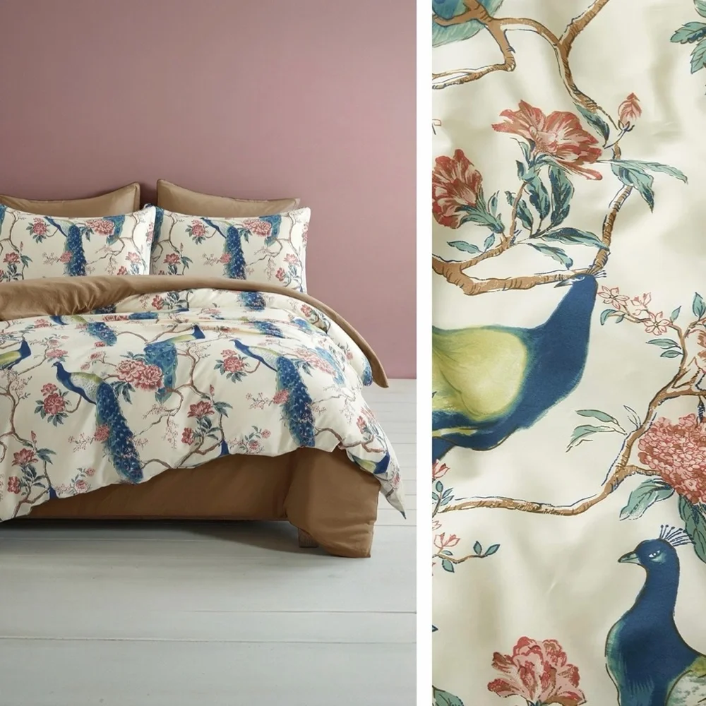 NEW Anthropologie Peacock Print Cotton Boho King Floral Bedding Duvet & Sham Set